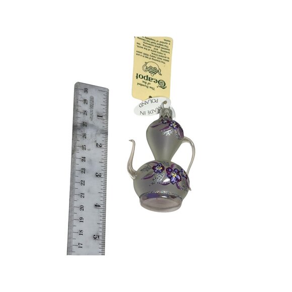 Hand Blown Glass Teapot Ornament Made in Poland – Purple Floral Christmas Orname - Picture 2 of 4
